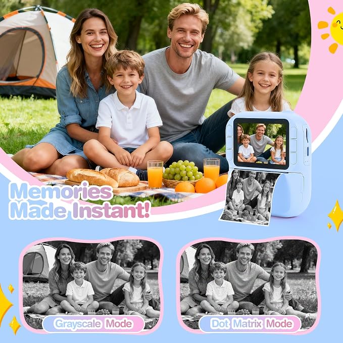 Kids Camera Instant Print with Color & Black-White Printing, 1080P HD Digital