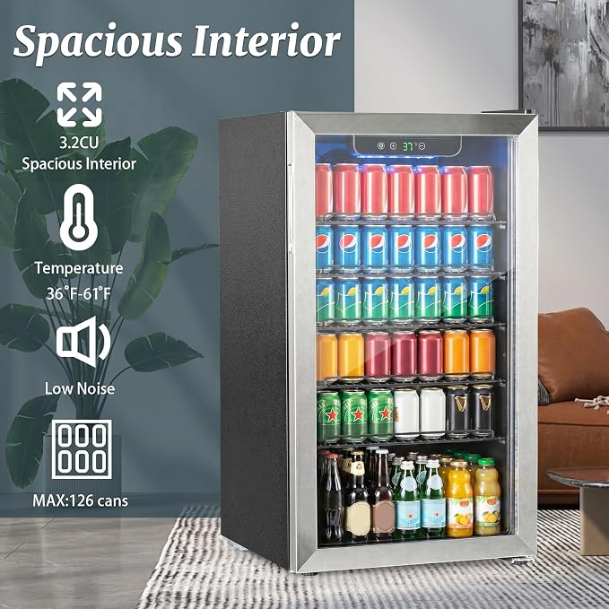 DOGHLY 3.1 Cu.ft Mini Fridge Glass Door, 126 Cans Beverage Refrigerator | Drink Fridge for Soda Beer Wine, Digital Temperature Control, Removable Shelf, Quiet Beverage Cooler for Office, Dorm, Bar