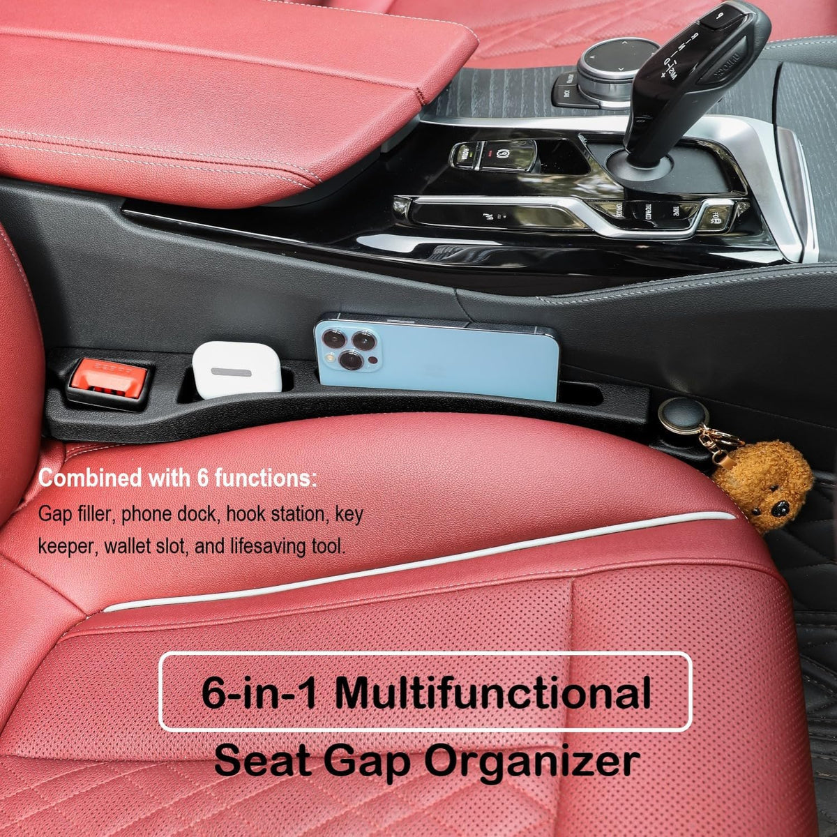 Carseat Gap Filler Organizer 2 Pack, 6 in 1 Car Side Seat Gap Plug Strip with Storage Slot, Window Breaker and Hook, Automotive Seat Catcher or Spacer Interior Accessories Between Seats & Console