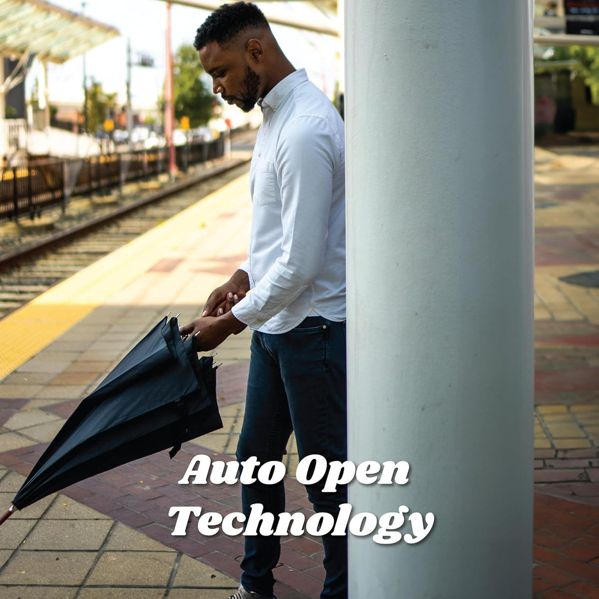 Tote's Men's Eco-Friendly Auto Open Wooden Handle J Stick Umbrella - Durable & Stylish Design