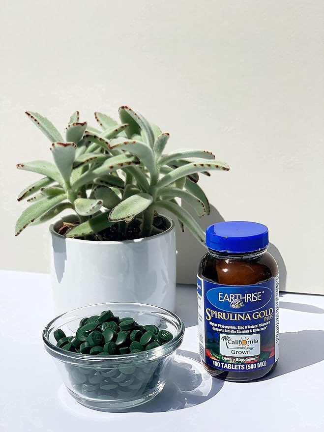 Earthrise Spirulina Gold Plus 500mg Tablet 180 counts, Natural Premium Spirulina from California- Vegan, Gluten Free, Keto Friendly, Non -GMO Super Food high in vitamins & minerals.