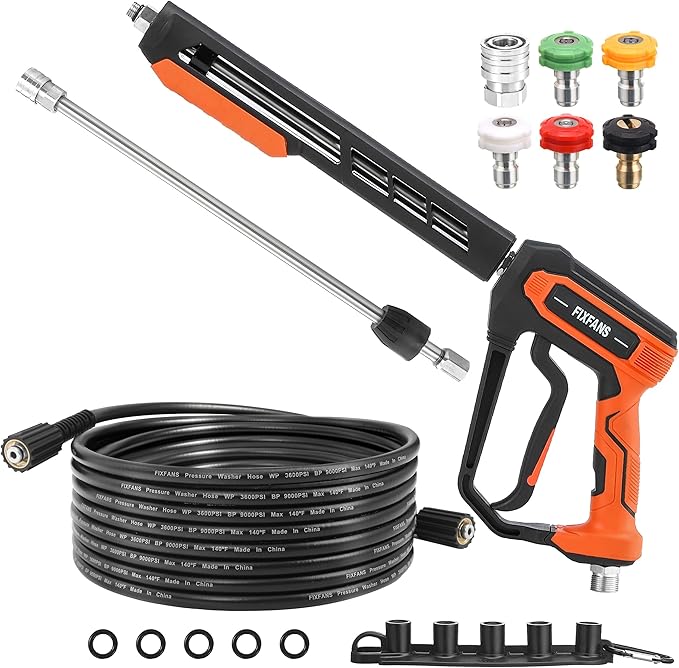 FIXFANS Pressure Washer Gun and Hose Kit, 25 FT High Power Washer Hose with Replacement Wand Extension, 5 Nozzle Tips, M22 Fitting