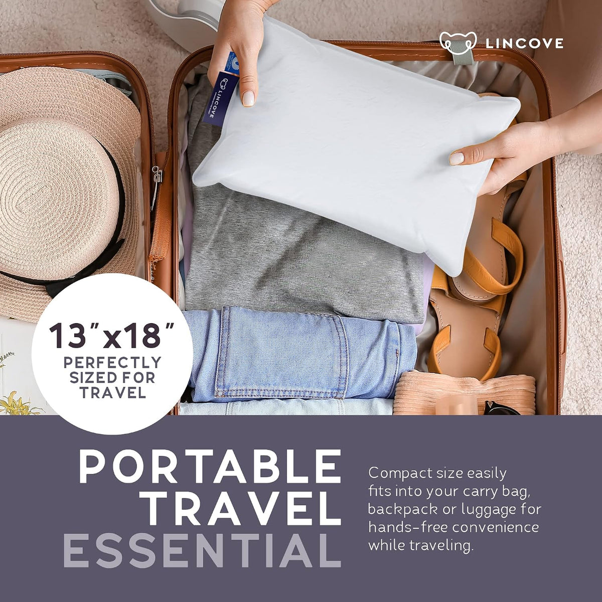 Lincove Canadian Down Feather Travel Pillow - Luxury Pillows to Support Head, Neck, While Sleeping on Airplanes, Cars, Hotels & Home - Comfortable Vacation Sleeping Essential, 13"x18"