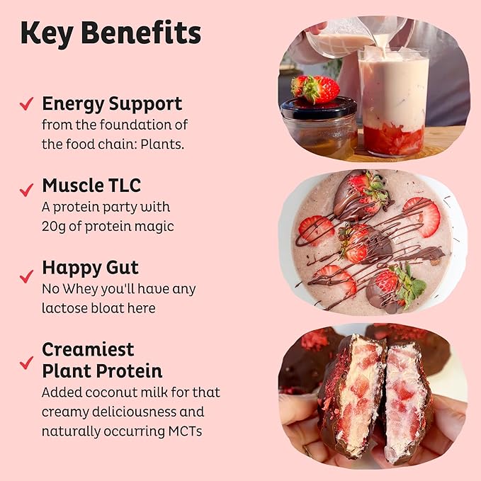 KOS Vegan Protein Powder, Strawberry and Cream Organic Pea Protein Blend, Plant Based Superfood with 12 Vitamins and Minerals, Made Without Dairy - Meal Replacement for Women & Men, 15 Servings