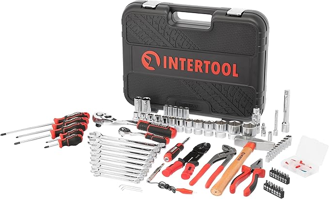 INTERTOOL Metric Tool Set, 100-Piece, 1/4” & 1/2” Drive Sockets, Wrenches, Electrical Tools, Screwdrivers, Bits, Pliers, Hammer, Car, Home, Repair, Mechanic Kit, DIY, Gift ET08-8100