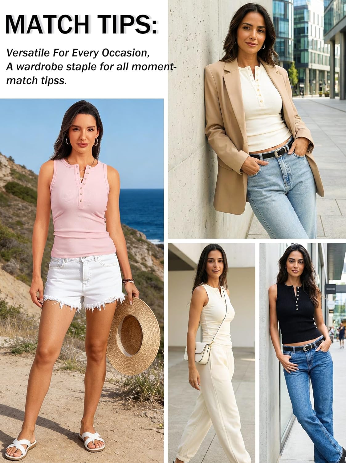 Prettywear Sleeveless Henley Tank Top - Ribbed Racerback Design for Casual Spring/Summer Wear