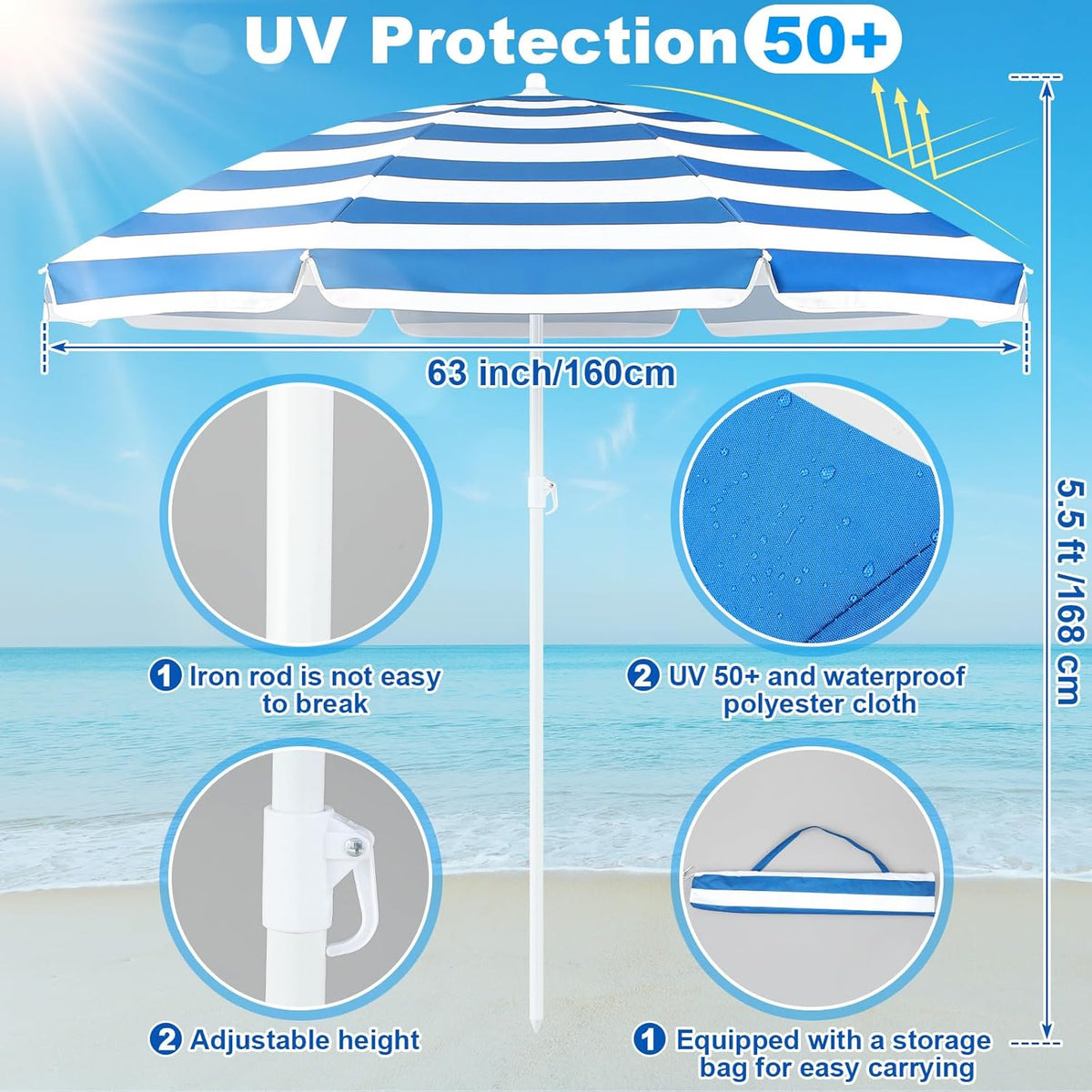 Sliner 20ft Long Beach Wind Screen - Portable UV 50+ Umbrella Privacy Blocker | Blue & White