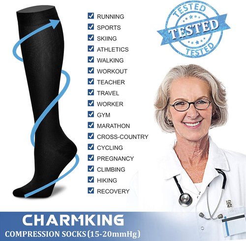 CHARMKING Compression Socks - 15-20 mmHg Circulation Support for Athletic Running & Cycling (3 Pairs)