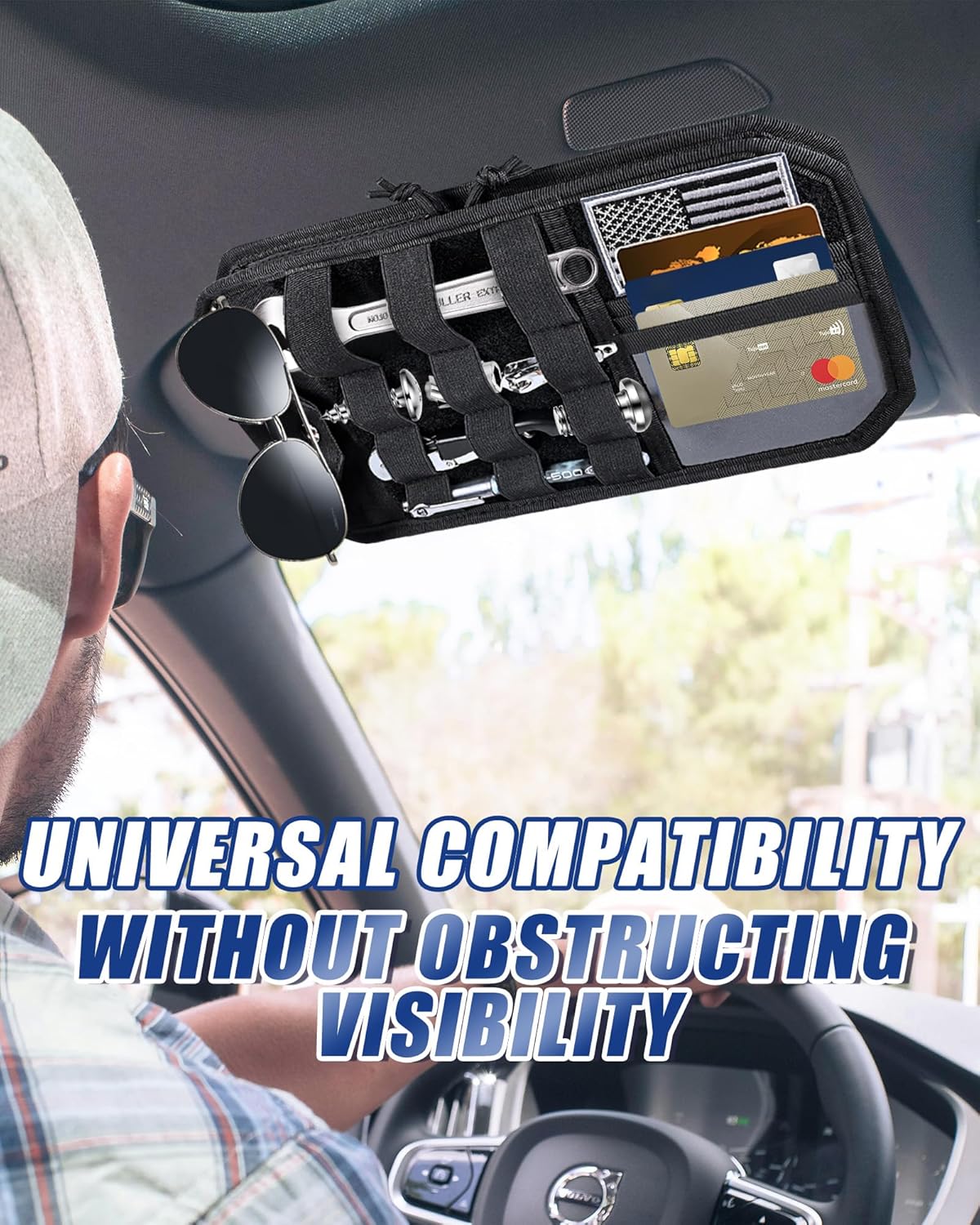 Heavy Duty Molle Car Sun Visor Organizer Tactical Pounch with Flag and Glasses Clip Store Your Daily Items for Most Cars, Trucks, SUVs, Compacts, 12.8"x6.9"x1.2"