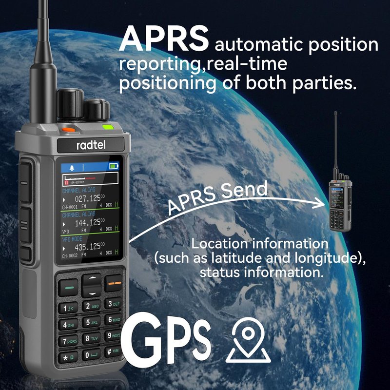 Radtel RT-880G GPS APRS Ham Radio 10W Walkie Talkie Portable CB Radio 1024 Channels HF SSB Rx with Cross-Band Repeater, 2.4 Inch Color Display, 2400mAh Rechargeable Battery,