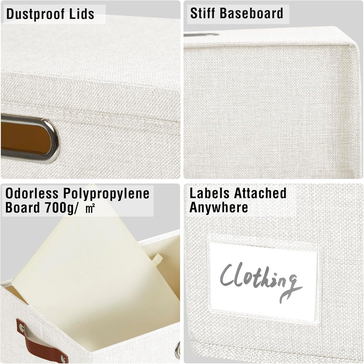 17" Large Collapsible Storage Bins with Lids, Stackable Closet Organizers with PU Handle and Labels, 3-Pack Decorative Fabric Storage Boxes for Home, Bedroom, Closet, Office, Nursery(White)