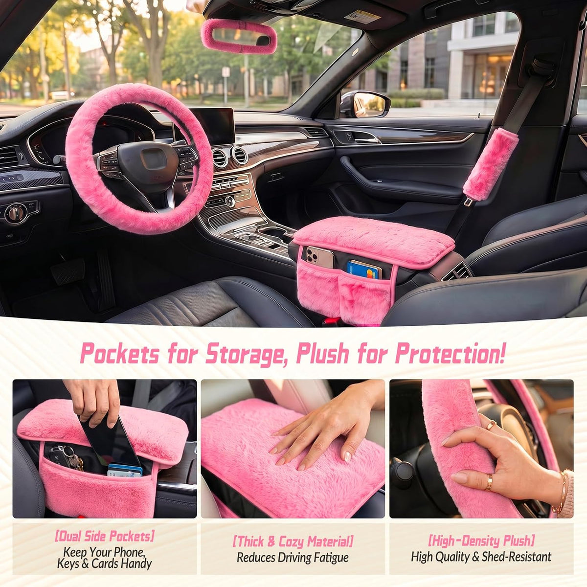 5 Pcs Fuzzy Pink Color Car Accessories Set, Soft Fluffy Plush Steering Wheel Cover, Center Console Armrest Pad & Rearview Mirror Cover - Interior Decorations for Women,Universal Fit (Pink)