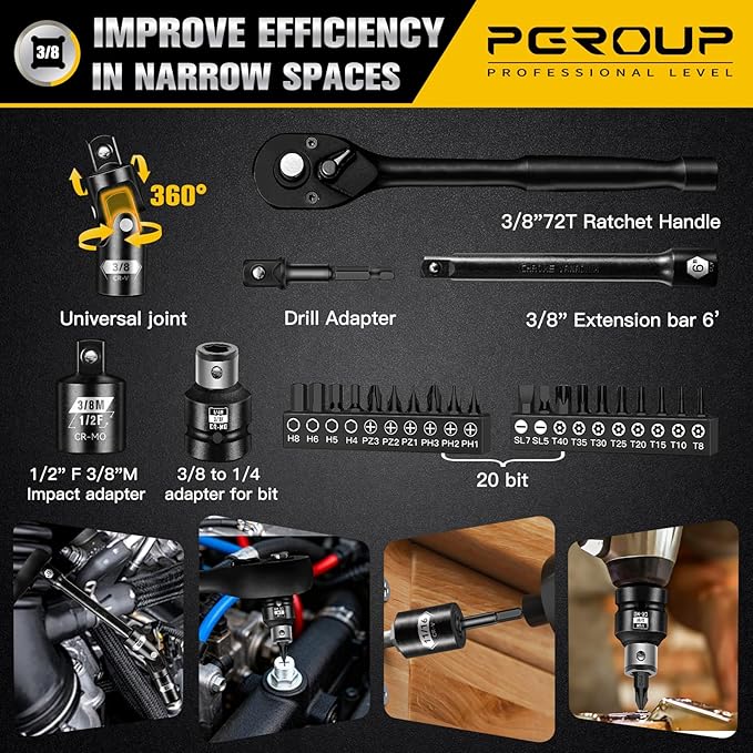 3/8 Inch Drive Impact Socket Set, 72 PCS Standard SAE(5/16"- 3/4") & Metric(8-22mm) With Spark Plug, 6 Point Deep & Shallow, 72T Wrench Ratchet Tool Kit, Cr-V With Heavy Duty Storage Case