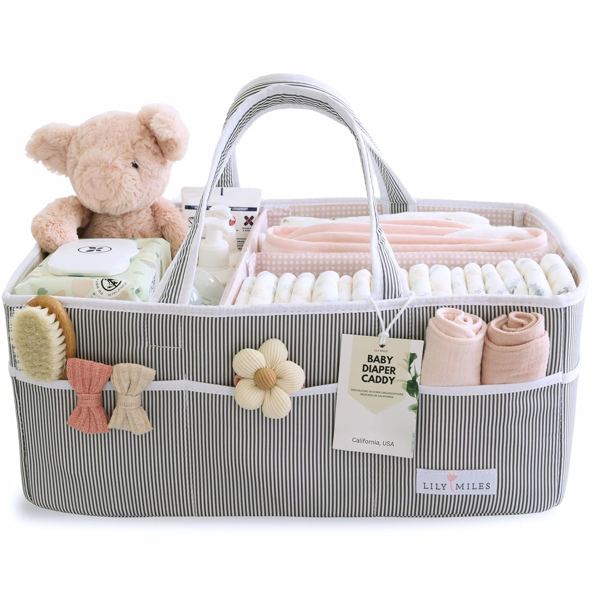 Lily Miles Baby Diaper Caddy - Organizer Tote Bag for Baby Girl Essentials - Baby Shower Basket - Nursery Must Haves - Registry Favorites - Newborn Caddie Car Travel - Gray/Blush, Extra Large