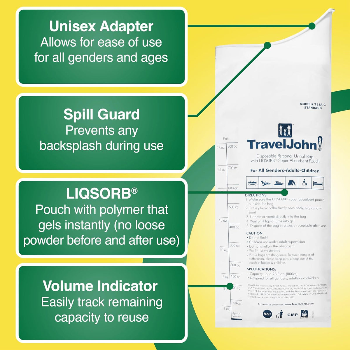 TravelJohn Disposable Urinal Bags – Road Trip Essentials for Men, Women & Kids – Odorless Leakproof Portable Urine Bags – Ideal for Camping, Emergencies & Long Car Rides (TJ1A-C)