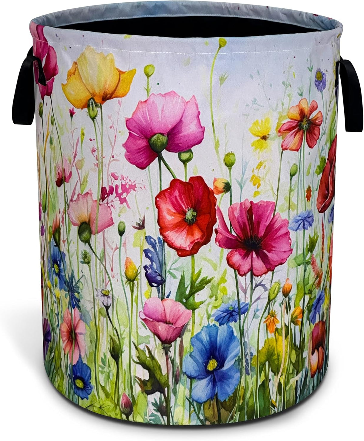 Colorful Flowers Print Laundry Basket Foldable Waterproof 18.9 x 16.5 Inch