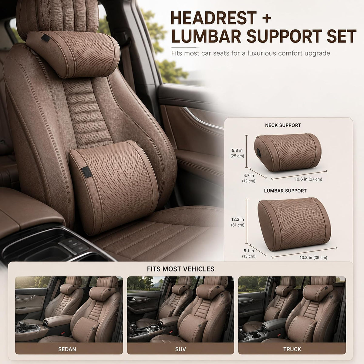 Ergonomic Headrest and Lumbar Support Set for CarSeats, Leather Car HeadrestPillows, Luxurious MemoryFoam Car NeckPillow (Red, Headrest Cushion)