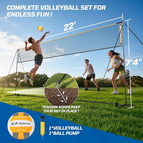 Haokelball Portable Badminton, Volleyball & Pickleball Net Set - 22FT Adjustable Height with Balls & Carry Bag
