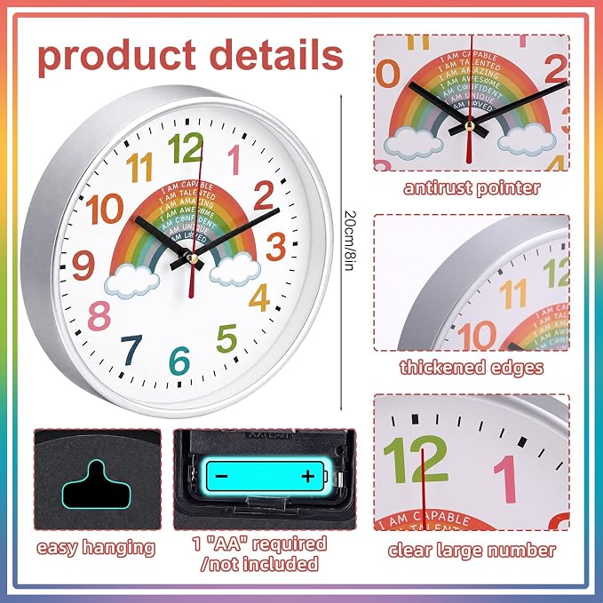 Gerrii Rainbow Wall Clock 8 Inch Learning Teaching Time Colorful Clock Silent