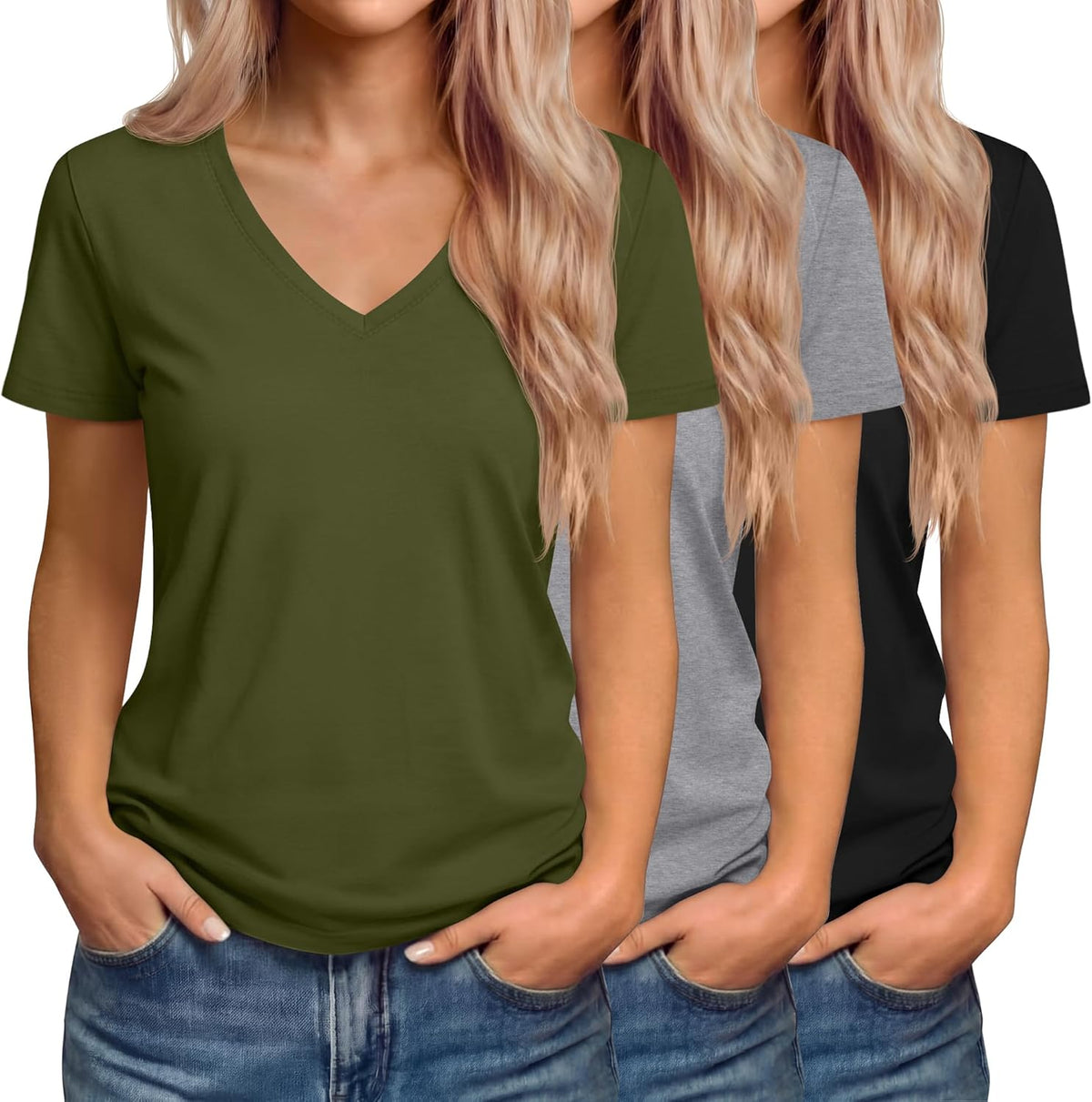 Riyiper Women's V-Neck T-Shirts - 3 Pack of Casual Short Sleeve Tops | Loose Fit & Trendy Design