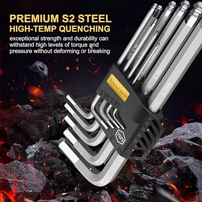 AMTOVL 27-Piece Magnetic Hex Key Set - S2 Steel SAE & Metric Allen Wrenches Set with Ball End Extra-Long T-Handle Design SAE 1/16"-3/8", Metric 1.5-10mm + TORX T10-T50