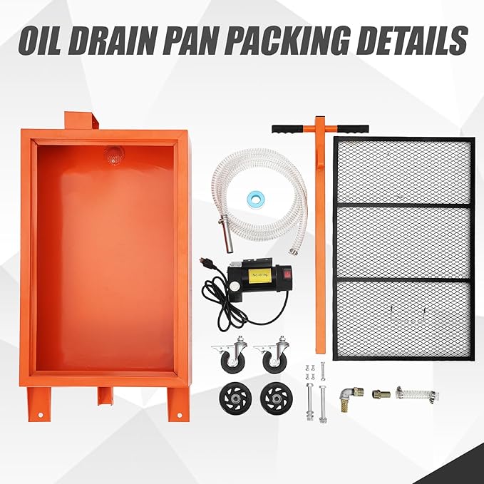 15 Gallon Oil Drain Pan with 110V Electric Pump, Low Profile Oil Drain Pan for Oil Change, Oil Change Pan with 8 Ft Hose and Folding Handle, Rolling Oil Drain Cart for Car, SUV, Trucks, Orange