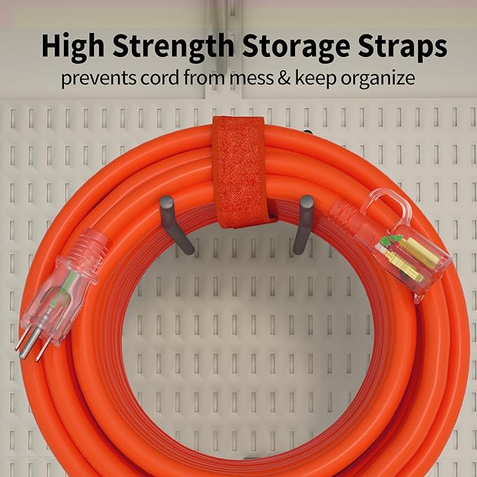 POWGRN 15 ft 12/3 Outdoor Extension Cord Waterproof Heavy Duty with Lighted Indicator End 12 Gauge 3 Prong, Flexible Cold-Resistant Long Power Cord Outside, 15Amp 1875W SJTW Orange ETL Listed