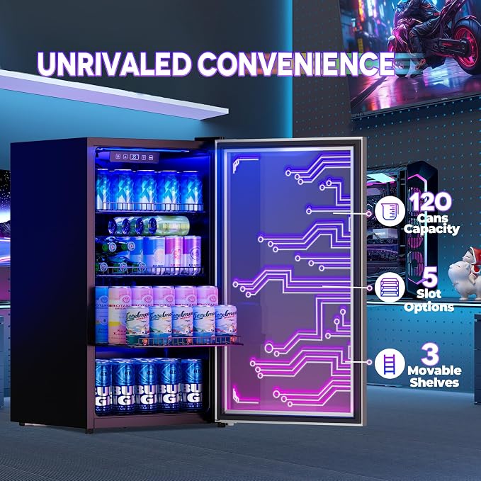 Cyberpunk Beverage Cooler, 130 Can Mini Fridge, LED Light Door, Gaming Room | Colorful LED Ambient Lighting, Freestanding for Bar & Party, Adjustable Shelves for Cans & Bottles