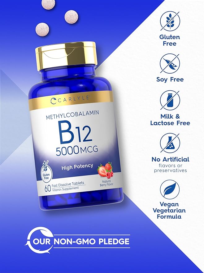 Carlyle Methylcobalamin Vitamin B12 5000mcg | 60 Fast Dissolve Tablets | for Adults | Vegetarian, Non-GMO & Gluten Free Supplement