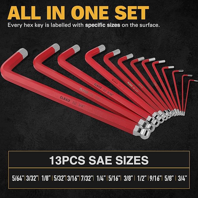 ELEAD Jumbo Hex Key Allen Wrench Set | 13-Piece SAE 5/64"-3/4" | Long Ball End Durable S2 | 4" - 13.5" Long | Automotive | Mechanic | Furniture | Professional Grade Tools