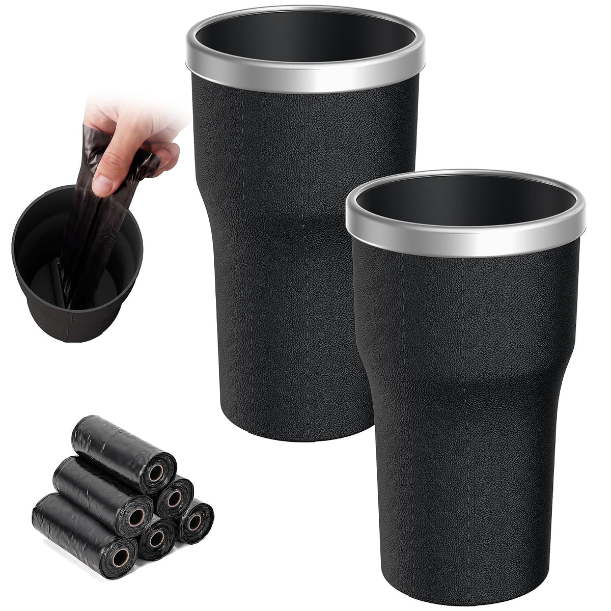 Car Trash Can Cup Holder Mini 2 Pack with 90 Trash Bags for Vehicle