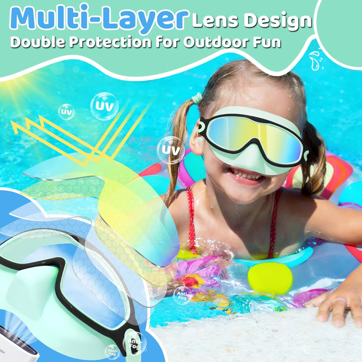 Vvinca Kids Swim Goggles - Anti-Fog Wide View with Nose Cover & Earplugs | For Ages 3-12