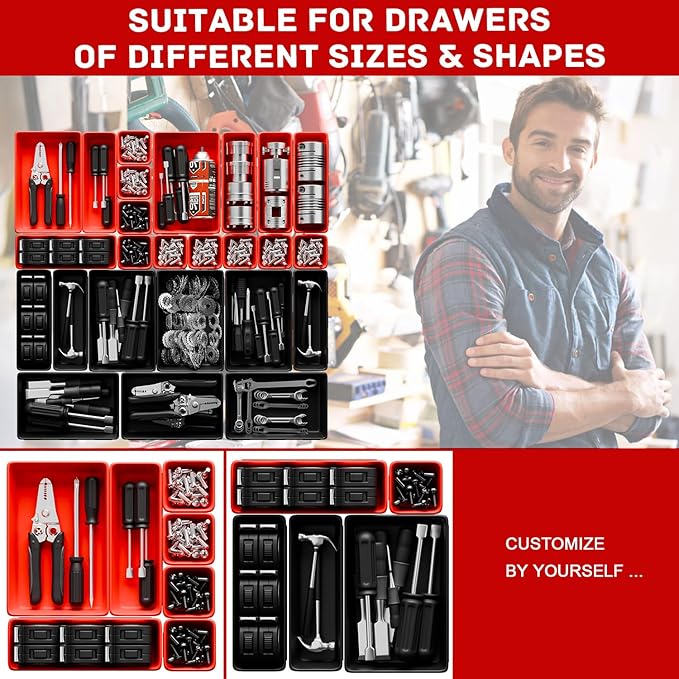 Toolbox Organizer Trays, Tool Chest Drawer Organizer with Non-Slip EVA Pads – 47pcs Red and Black Interlocking Trays for Workbench, Rolling Tool Cart, Garage