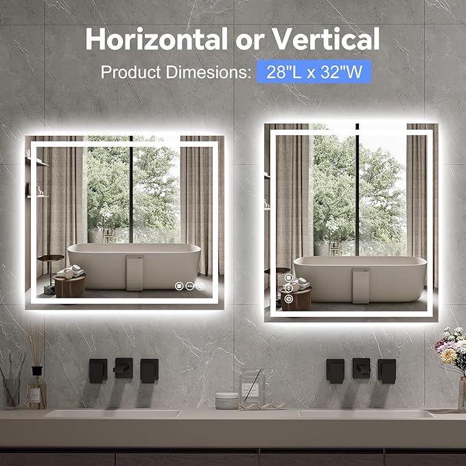 LED Bathroom Mirror 28x32 Inch Anti-Fog Bathroom Mirror with Lights, Wall Mounted Lighted Vanity Mirrors, Dimmable, Backlit + Front Lit, Smart Bathroom Vanity Mirror with 3 Colors Temperature