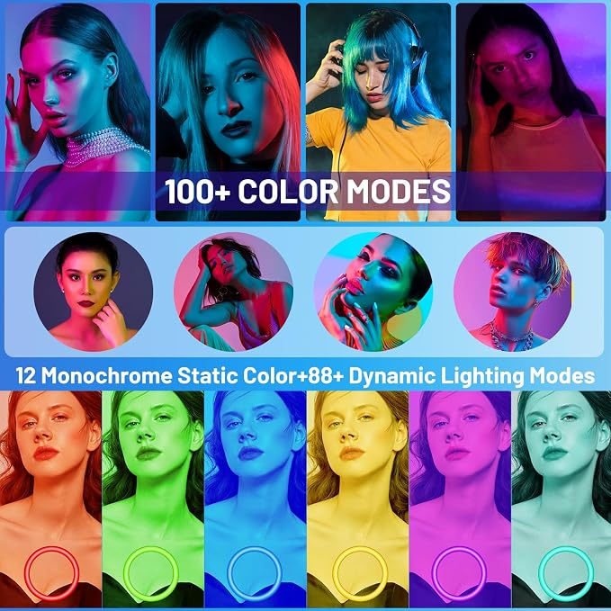 12'' Ring Light with Stand 75'' Tall & Phone Holder, 100+ Color Modes Selfie