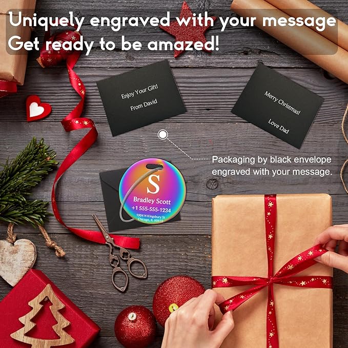 Stainless Luggage Tags for Suitcases 4 Pack: Metal Personalized Luggage Tags for Backpacks & Bags with Customizable Texts (Rainbow)