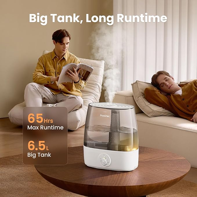 6.5L Stay Clean Tank Humidifier for Large Room, Low Maintenance, Top Fill Design, Ultra Quiet 65H Runtime, Cool Mist Ultrasonic for Bedroom, Home, Plants HC12