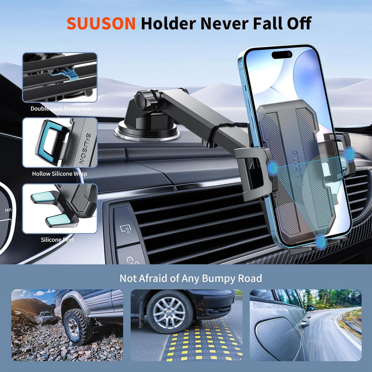 SUUSON Upgraded 3-in-1 Car Phone Holder Mount for Car, Black
