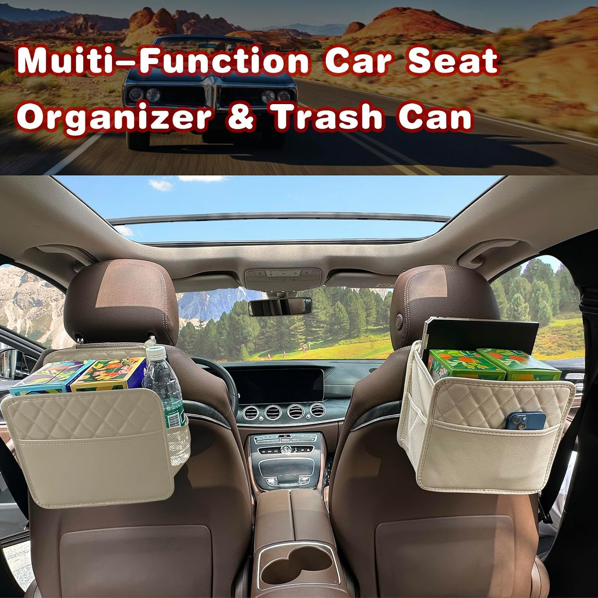 Witaxima Upgrade Car Seat Organizer Backseat with Storage Pockets, Multipurpose Car Organizer Hanging, Car Trash Bag Can,Premium PU Leather Garbage Can 2.14 Gallon Large Capacity Accessories Beige