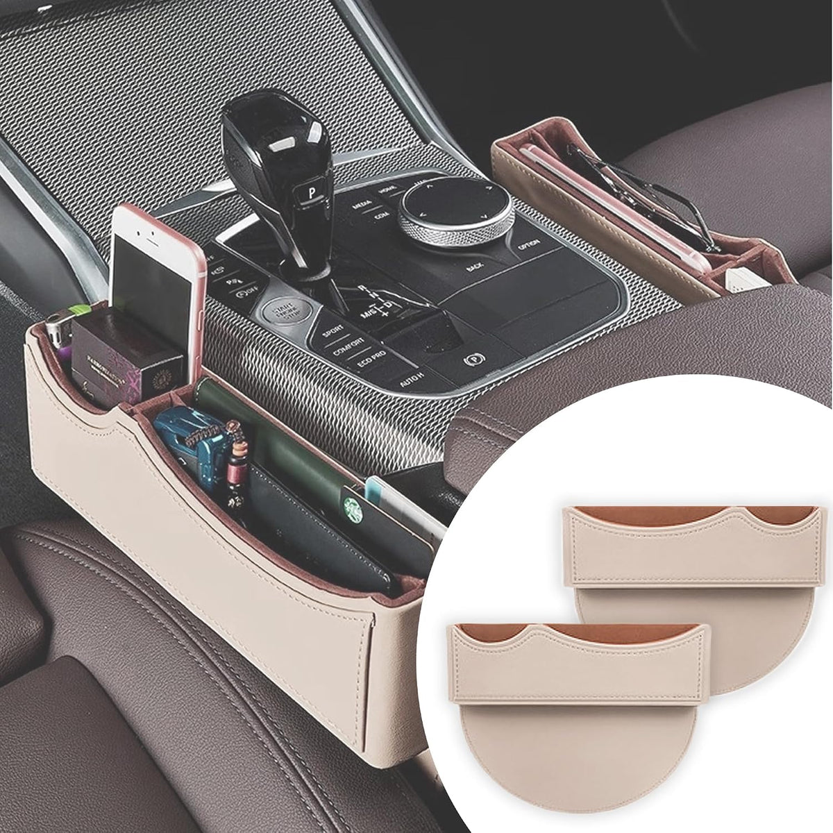 Car Seat Gap Organizer Large Capacity Leather Storage Box with Charging Port Multi-Purpose Car Seat Crevice Storage Solution for Phones Wallets Cards Ideal for Car Organization (Modern, White-Double)