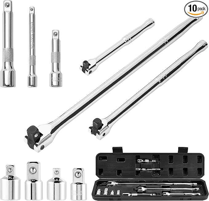 10 Piece Breaker Bar Set, 3/8" , 1/2" and 1/4" Drive, 180° Rotatable Head, 6'', 10'', 15'' Length, 3 Extension Bars, Organizer Case