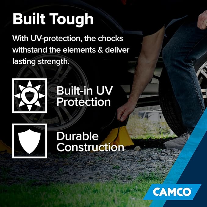 Camco Camper & RV Wheel Chock with Rope - Keeps Trailer in-Place to Safely Unhitch or Park - Compatible with Wheels Up to 26” in Diameter & Molded of Heavy-Duty Hard Plastic - 2-Pack - 44471