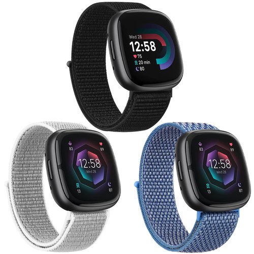 3 Pack Nylon Sport Band, Compatible with Fitbit Sense 2 bands / Fitbit Sense bands /Fitbit versa 4 bands /Fitbit Versa 3 bands Adjustable Sport Solo Loop Replacement Wristband Straps for Women Men (Black+Cape Blue+Seashells)