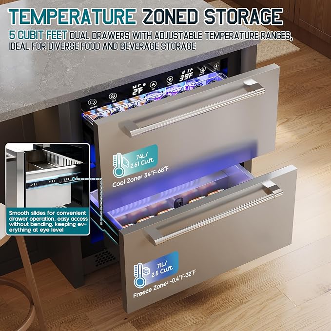 Albott 24 Inch Under Counter Drawer Fridge, Dual-Zone Beverage Refrigerator | Stainless Steel Design, LED Touch Control, Adjustable Storage, Frost-Free, Low Noise, 34℉-68℉, -0.4℉ to 32℉