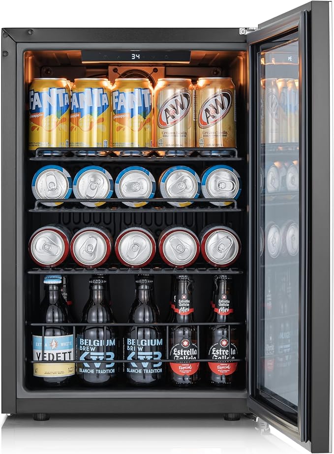 Ca'Lefort 85 Cans Mini Fridge, Beverage Refrigerator Cooler for Drink, Beer | 2.18 Cu.ft, Low-noise, Reversible Glass Door, 3-Color LED Lighting, Adjustable Shelves, 34℉ to 54℉