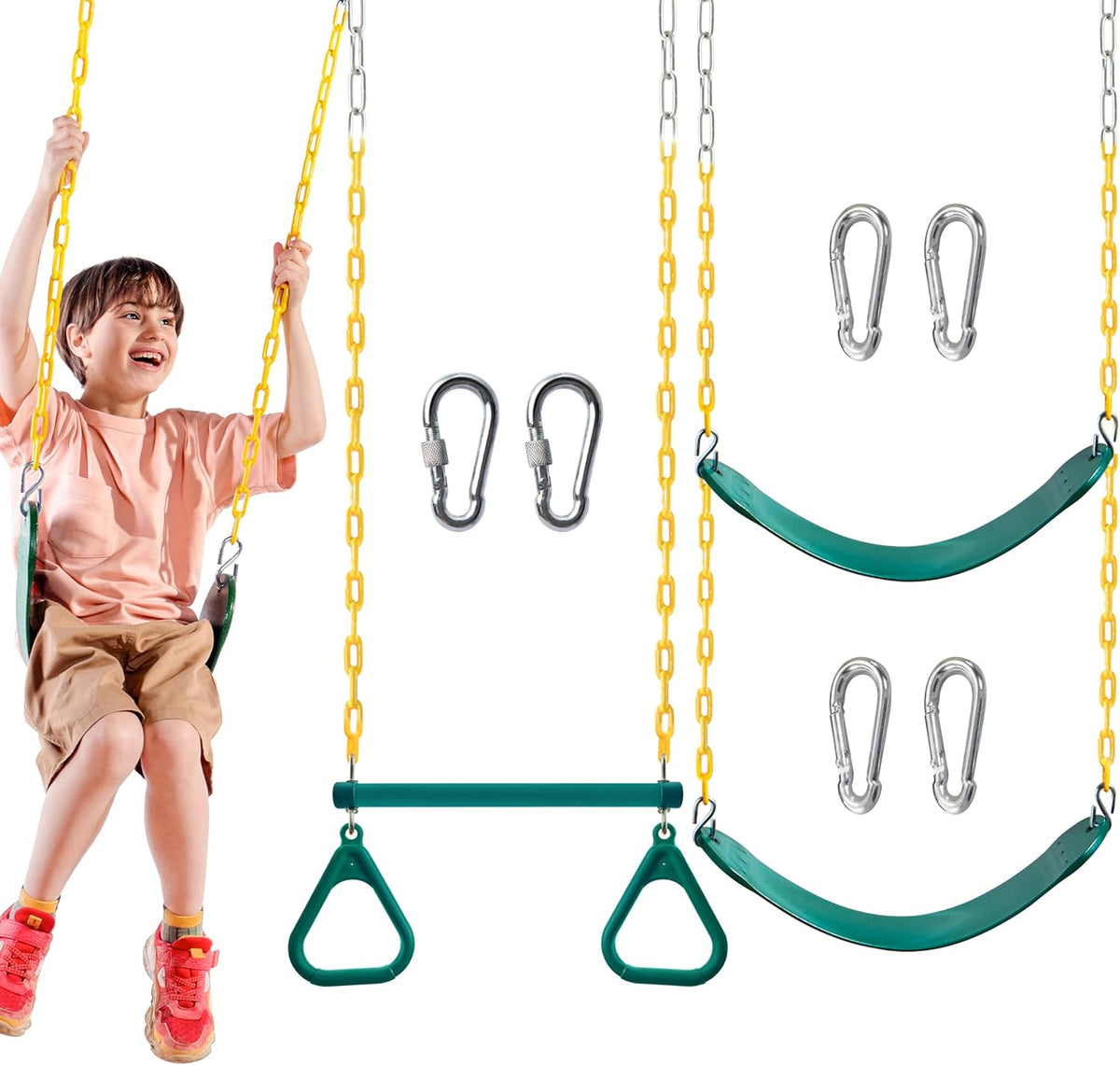 TURFEE Swing Set Accessories - 3 Pack with Gym Rings, Trapeze Bar & 2 Swings - Green for Kids Outdoor Play