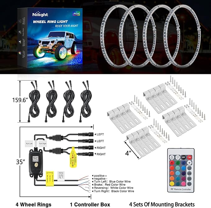 Nilight 4PCS 15.5inch Double Row LED Wheel Ring Lights RGB