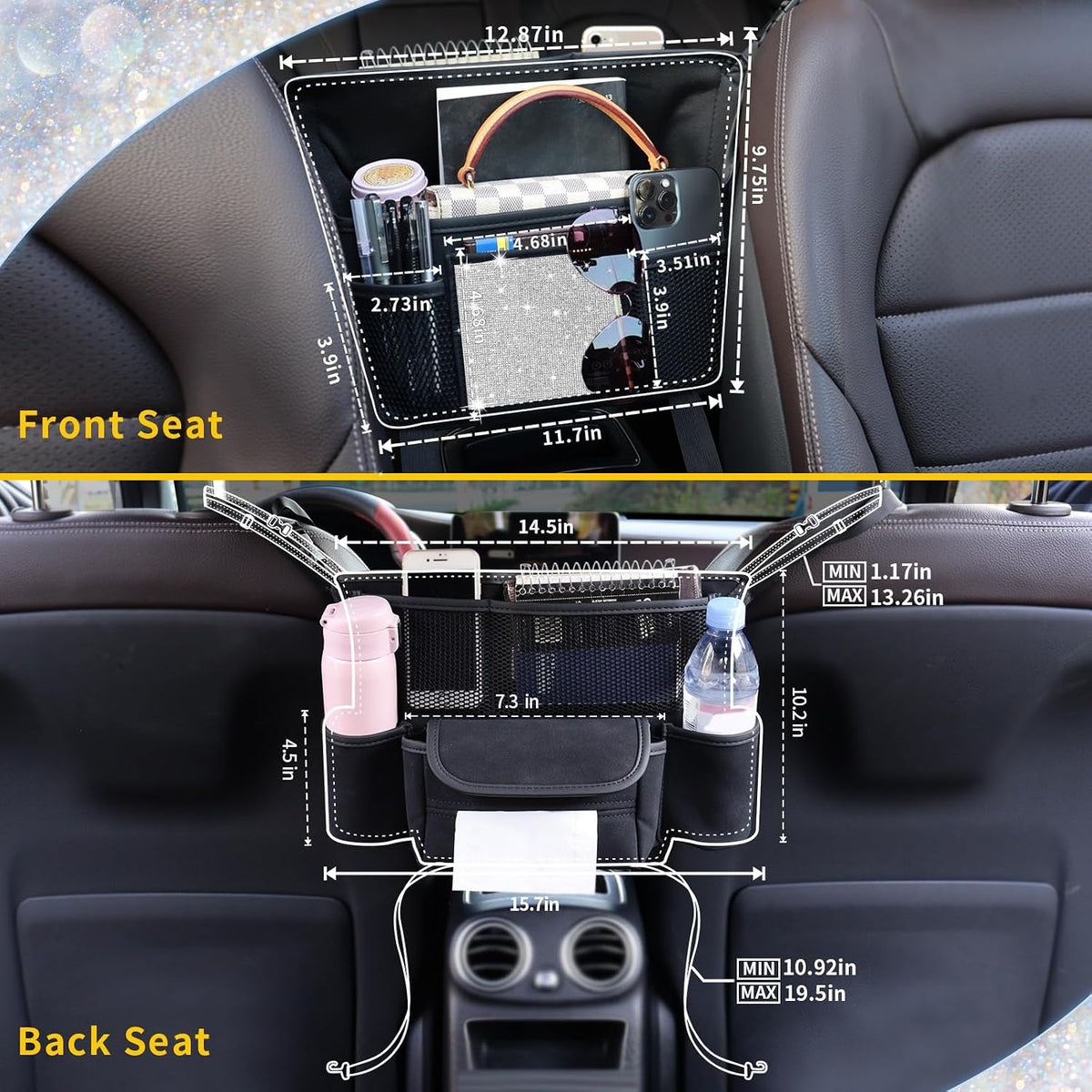 White Diamand Car Handbag Holder Between Seats Bling Crystal Car Storage Bag Large Capacity Purse Phone Ipad Automotive Consoles Organizer Safe Barrier of Backseat Pet Kids