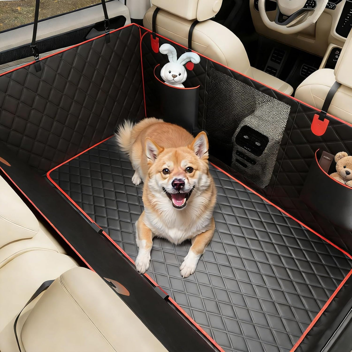 Bark Lover Dog Car Seat Cover for Back Seat – Heavy Duty Back Seat Extender for Dogs with Hard Bottom, 7-Layer Protection, Non-Slip & Scratchproof, Easy to Install (Red)
