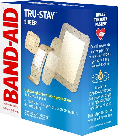 Band-Aid Brand Tru-Stay Sheer Strips - Adhesive Sterile Bandages for Wound Protection | 80 Count Assorted Sizes